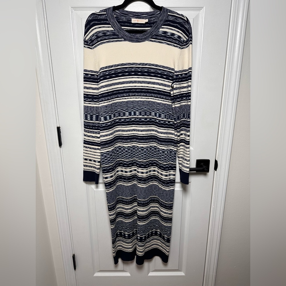 Tory Burch Julie Striped Knitted Midi Dress In Blue Size Women’s Large $348 MSRP